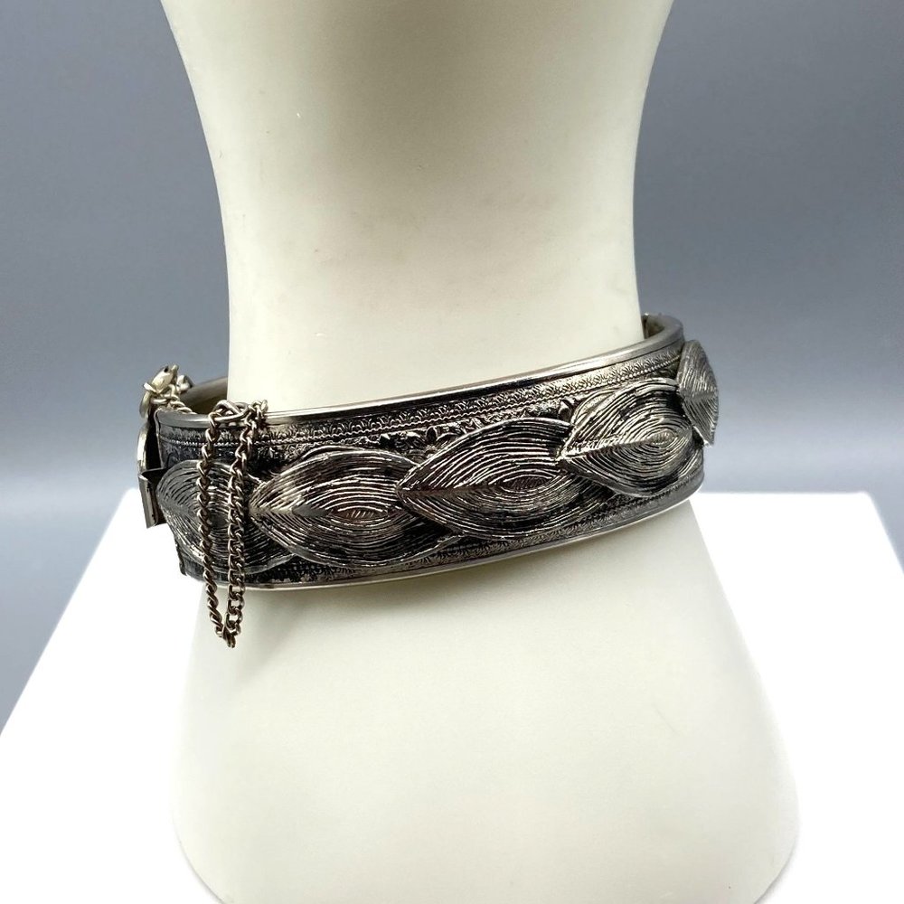 Vintage Engraved Hinged Bangle Bracelet, Chased Silver Tone with Overlapping